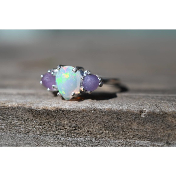 Opal Art Deco Engagement Ring, Raw Grape Agate Ring, Unique Engagement R… - Picture 3 of 4